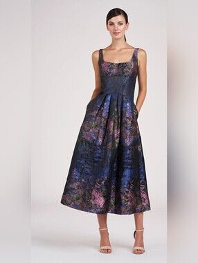 Kay Unger "June" Tea Length Jacquard Dress Dark Navy size 16 NWT